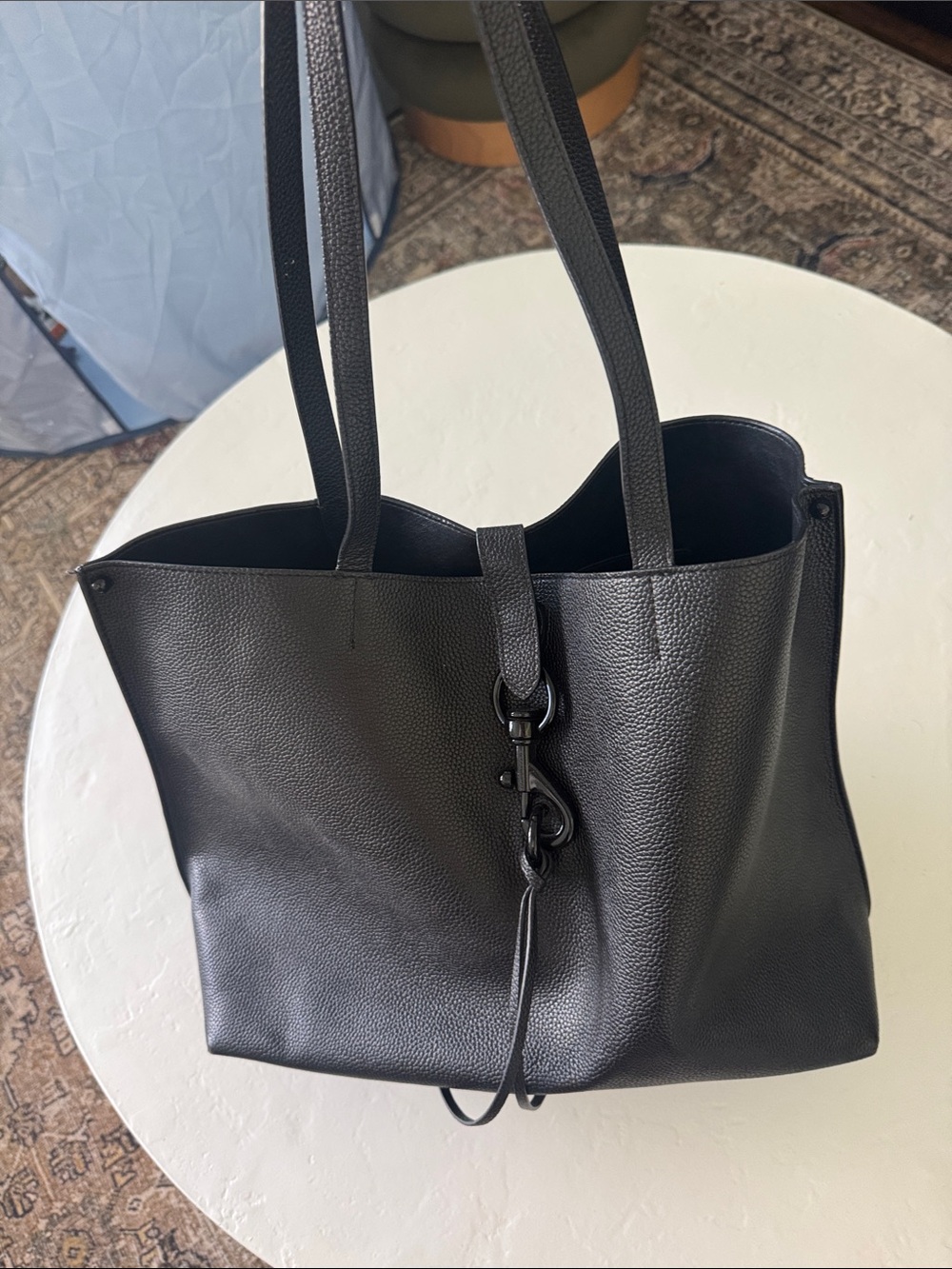 Rebecca Minkoff Black Pebbled Leather Tote with Hook Detail